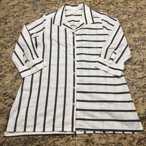 Foxcroft NYC Women 10 Shaped Mixed Stripe Button Down Shirt 3/4 Sleeve Tunic ws